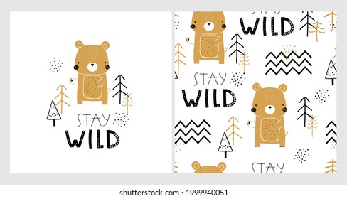 Niños de color vectorial dibujados a mano con un patrón de repetición sin fisuras con osos lindos, árboles, letras sobre un fondo blanco. Niños creativos textura forestal para tela, envoltura, textil, papel pintado, ropa.