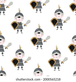 Vector hand-drawn colored childrens seamless repeating pattern with cute knights on a white background. Creative kids texture for fabric, wrapping, textile, wallpaper, apparel.