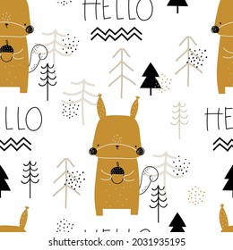 Vector hand-drawn colored childrens seamless repeating pattern with cute squirrel, trees, lettering on a white background. Trendy kids forest texture for fabric, wrapping, textile, wallpaper, apparel.