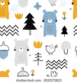 Vector hand-drawn colored childrens seamless repeating pattern with cute bears, trees, birds on a white background. Creative kids forest texture for fabric, wrapping, textile, wallpaper, apparel.