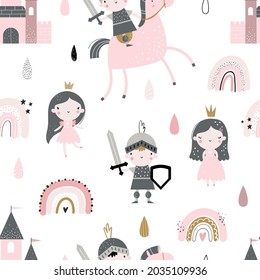 Vector hand-drawn colored childrens seamless repeating pattern with cute princess, castle, knight, rainbow on a white background. Creative kids texture for fabric, wrapping, textile, wallpaper.