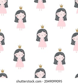 Niños de color dibujados a mano con vectores que repiten un patrón sin fisuras con princesas adorables de chicas en un vestido con una corona sobre un fondo blanco. Textura infantil creativa para tela, envoltura, textil, papel tapiz.