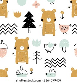 Vector hand-drawn colored childrens seamless repeating pattern with cute bears, trees, birds on a white background. Creative kids forest texture for fabric, wrapping, textile, wallpaper, apparel.