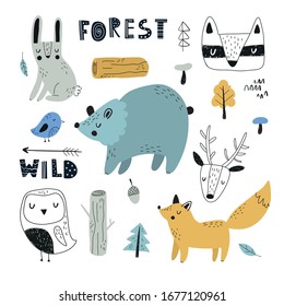 Vector hand-drawn colored children's set with cute forest animals in Scandinavian style on a white background. Scandinavian children's set with animals. Children's print. Isolated objects on white.