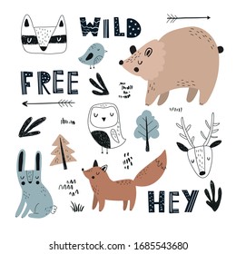 Vector hand-drawn colored children's set with cute forest animals in Scandinavian style on a white background. Scandinavian children's set with animals. Children's print. Isolated objects on white.
