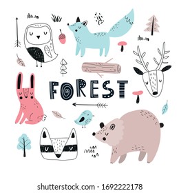 Vector hand-drawn colored children's set with cute forest animals in Scandinavian style on a white background. Scandinavian children's set with animals. Children's print. Isolated objects on white.
