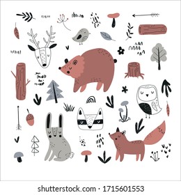 Vector hand-drawn colored children's set with cute forest animals in Scandinavian style on a white background. Scandinavian children's set with animals. Children's print. Isolated objects on white.
