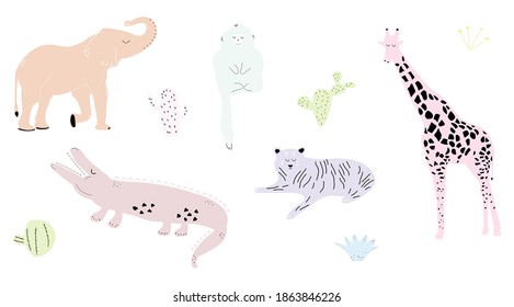 Vector hand-drawn colored children's set with cute african animals and plants in scandinavian style on a white background. Cartoon animals.
Elephant, giraffe, crocodile, tiger, monkey.