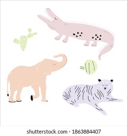 Vector hand-drawn colored children's set with cute african animals and plants in scandinavian style on a white background. Cartoon animals. Crocodile, elephant, tiger. Cactus