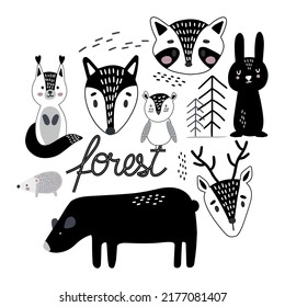 Vector hand-drawn colored children's set with cute forest animals in Scandinavian style on a white background. Scandinavian children's set with animals. Children's print. 