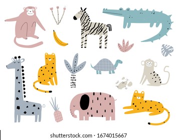Vector hand-drawn colored children's simple set with cute african animals and plants in scandinavian style on a white background. Elephant, leopard, turtle, zebra, monkey, crocodile. Cartoon animals.
