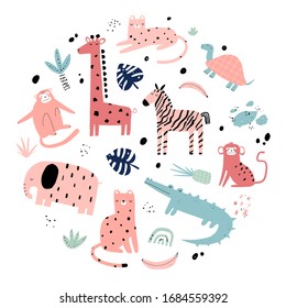 Vektorillustration handgezeichnet farbige Kinderset mit süßen afrikanischen Tieren und Pflanzen im skandinavischen Stil auf weißem Hintergrund. Elefant, Leopard, Schildkröte, Zebra, Affe, Krokodil. Cartoon-Tiere.
