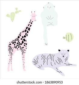 Vector hand-drawn colored children's simple set with cute african animals and plants in scandinavian style on a white background. Cartoon animals.
Giraffe, monkey, tiger. Cacti.