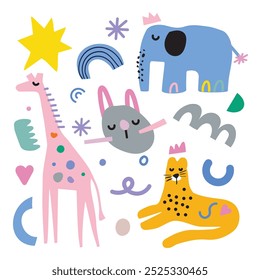 Vector hand-drawn colored children's simple set with cute and wild animals in scandinavian style on a white background. Elephant, leopard, rabbit, giraffe. Cartoon animal illustration for texture.
