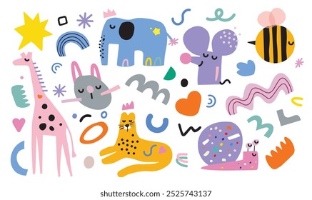 Vector hand-drawn colored children's simple set with cute and wild animals in scandinavian style. Elephant, leopard, rabbit, giraffe, bee, mouse, snail. Cartoon animal illustration for texture.