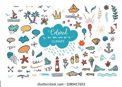 Vector hand-drawn colored clipart on sea / ocean / summer theme. Doodles for poster, mug, bag, card or t-shirt design. Cute illustrations for kids.