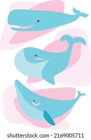 Vector hand-drawn colored pink blue childish seamless repeating simple flat with whales blue in scandinavian style on a white background. Cute baby animals. Pattern for kids with whales. Sea. Ocean