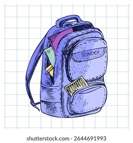 Vector hand-drawn colored school Illustration. Detailed retro style and flat style backpack sketch.  Back to School.	