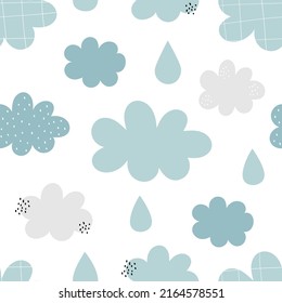 Vector hand-drawn colored seamless childish pattern with cute clouds on a white background. Scandinavian repeating kids texture. Cute background ideal for textiles, fabrics, wallpaper, wrapping paper.