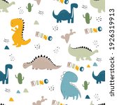 Vector hand-drawn colored seamless repeating childrens pattern with cute dinosaurs and cacti in Scandinavian style on white background. Children's pattern with dinosaurs. Cute baby animals. Dino.