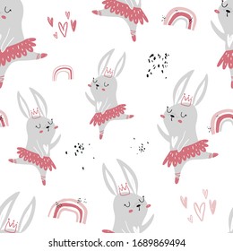 Vector hand-drawn colored seamless repeating children pattern with cute dancing bunnies ballerinas princesses with a crown in the Scandinavian style on a white background. Cute baby animals.