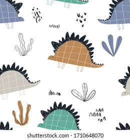 Vector hand-drawn colored seamless repeating children pattern with cute dinosaurs, plants and doodles in Scandinavian style on a white background. Baby pattern with dinosaurs. Cute baby animals. 