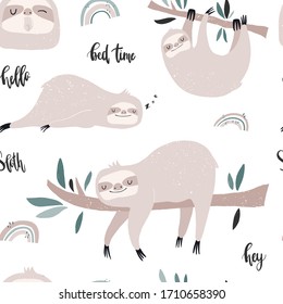 Vector hand-drawn colored seamless repeating childish pattern with cute sloths on the branches and a rainbow in the Scandinavian style on a white background. Cute baby animal. Baby print with sloths