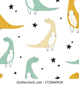 Vector hand-drawn colored seamless repeating children pattern with cute dinosaurs and stars in Scandinavian style on a white background. Baby pattern with dinosaurs. Cute baby animals. Tyrannosaur.