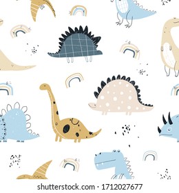 Vector hand-drawn colored seamless repeating children pattern with cute dinosaurs, rainbow in Scandinavian style on a white background. Baby pattern with dinosaurs. Cute baby animals. 