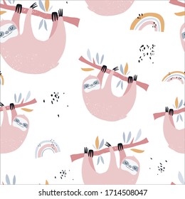 Vector hand-drawn colored seamless repeating childish pattern with cute sloths on the branches and rainbow in the Scandinavian style on a white background. Cute baby animal. Baby print with sloths
