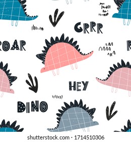 Vector hand-drawn colored seamless repeating children pattern with cute dinosaurs, plants and lettering in Scandinavian style on a white background. Baby pattern with dinosaurs. Cute baby animals.
