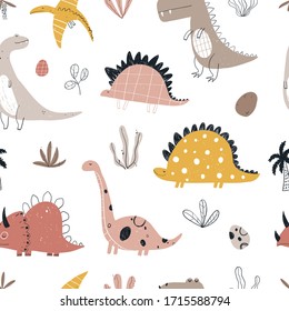 Vector hand-drawn colored seamless repeating children pattern with cute dinosaurs, plants and doodles in Scandinavian style on a white background. Baby pattern with dinosaurs. Cute baby animals.
