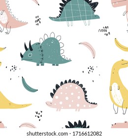 Vector hand-drawn colored seamless repeating children pattern with cute dinosaurs and bananas in Scandinavian style on a white background. Baby pattern with dinosaurs. Cute baby animals.
