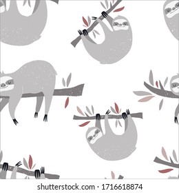 Vector hand-drawn colored seamless repeating childish pattern with cute sloths on the branches in the Scandinavian style on a white background. Cute baby animal. Baby print with sloths

