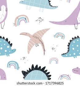 Vector hand-drawn colored seamless repeating children pattern with cute dinosaurs and rainbows in Scandinavian style on a white background. Baby pattern with dinosaurs. Cute baby animals.
