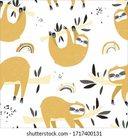Vector hand-drawn colored seamless repeating childish pattern with cute sloths on the branches and rainbow in the Scandinavian style on a white background. Cute baby animal. Baby print with sloths
