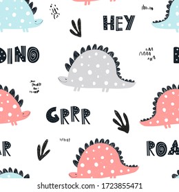 Vector hand-drawn colored seamless repeating children pattern with cute dinosaurs, plants and doodles in Scandinavian style on a white background. Baby pattern with dinosaurs. Cute baby animals.
