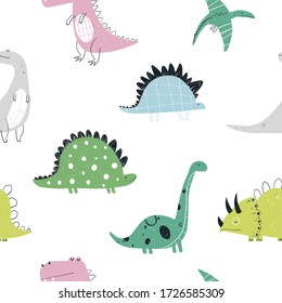 Vector hand-drawn colored seamless repeating children pattern with cute dinosaurs and doodles in Scandinavian style on a white background. Baby pattern with dinosaurs. Cute baby animals.
