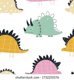 Vector hand-drawn colored seamless repeating children pattern with cute dinosaurs in Scandinavian style on a white background. Baby pattern with dinosaurs. Cute baby animals.
