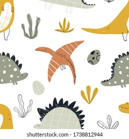 Vector hand-drawn colored seamless repeating children pattern with cute dinosaurs, eggs and dplants in Scandinavian style on a white background. Baby pattern with dinosaurs. Cute baby animals.
