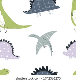 Vector hand-drawn colored seamless repeating children pattern with cute dinosaurs in Scandinavian style on a white background. Baby pattern with dinosaurs. Cute baby animals. Lizard. Dragon.
