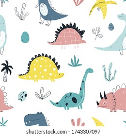 Vector hand-drawn colored seamless repeating children pattern with cute dinosaurs, plants and eggs in Scandinavian style on a white background. Baby pattern with dinosaurs. Cute baby animals.

