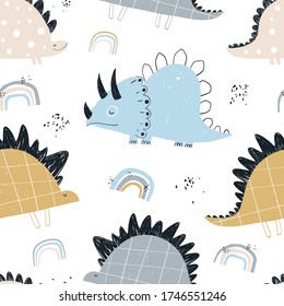Vector hand-drawn colored seamless repeating children pattern with cute dinosaurs and rainbows in Scandinavian style on a white background. Baby pattern with dinosaurs. Cute baby animals.

