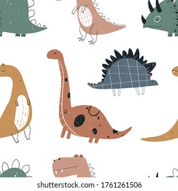 Vector hand-drawn colored seamless repeating children pattern with cute dinosaurs in Scandinavian style on a white background. Baby pattern with dinosaurs. Cute baby animals. Lizard. Dragon.

