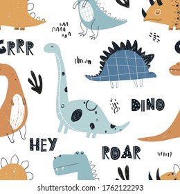 Vector hand-drawn colored seamless repeating children pattern with cute dinosaurs, plants and doodles in Scandinavian style on a white background. Baby pattern with dinosaurs. Cute baby animals.
