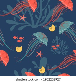 Vector hand-drawn colored seamless repeating simple flat pattern with jellyfish on a blue background. Childish texture for fabric, wallpaper, textile, apparel. Sea. Ocean. stingrays pattern