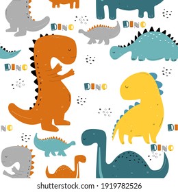 Vector hand-drawn colored seamless repeating children pattern with cute dinosaurs, plants and doodles in Scandinavian style on a white background. Baby pattern with dinosaurs. Cute baby animals.