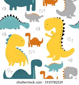 Vector hand-drawn colored seamless repeating children pattern with cute dinosaurs, plants and doodles in Scandinavian style on a white background. Baby pattern with dinosaurs. Cute baby animals.