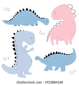 Vector hand-drawn colored seamless repeating children pattern with cute dinosaurs in Scandinavian style on a white background. Baby pattern with dinosaurs. Cute baby animals.