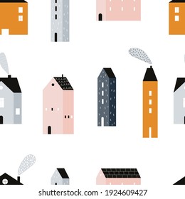 Vector hand-drawn colored seamless repeating childish simple pattern with cute houses in Scandinavian style on a white background. Childish seamless pattern with houses. City. Houses. Architecture.